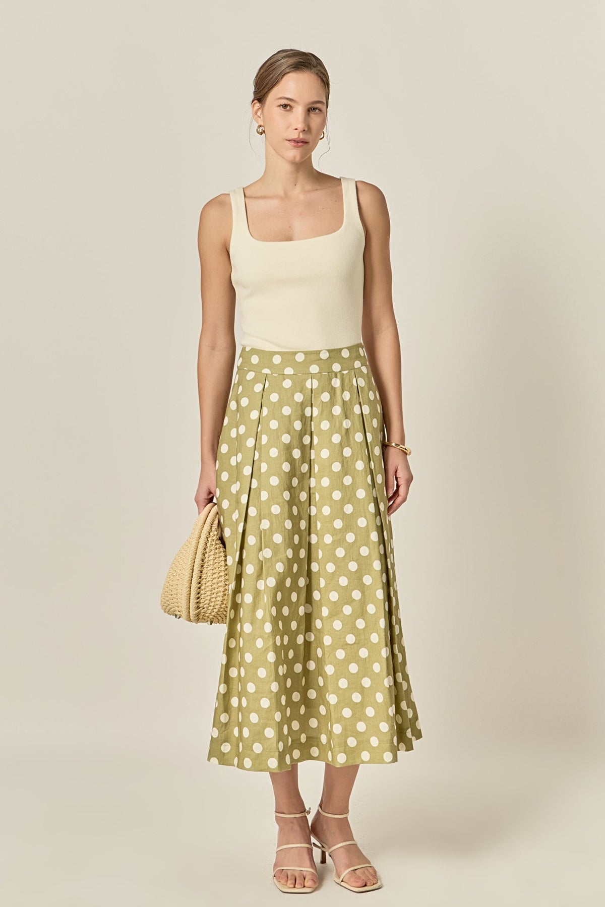 Linen Polka Dot Midi Full Skirt
