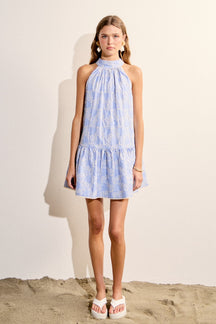 ENGLISH FACTORY - Striped Embroidered Halter Mini Dress - DRESSES available at Objectrare