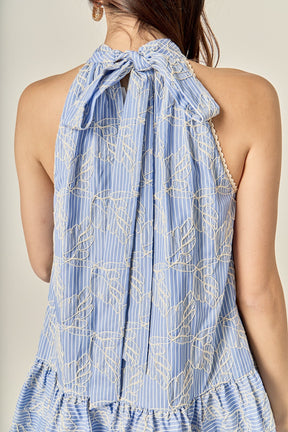 ENGLISH FACTORY - Striped Embroidered Halter Mini Dress - DRESSES available at Objectrare