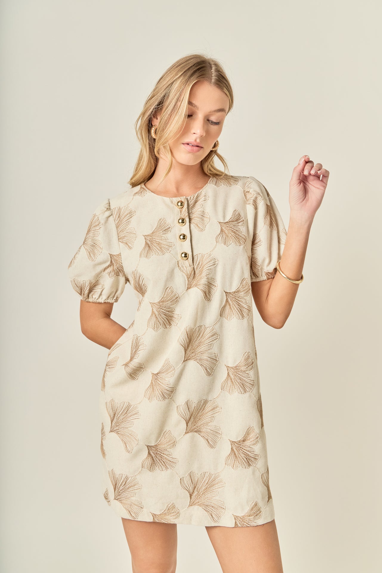 Ginkgo Embroidery Puff Sleeve Mini Dress