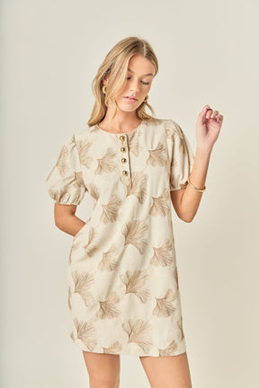 Ginkgo Embroidery Puff Sleeve Mini Dress