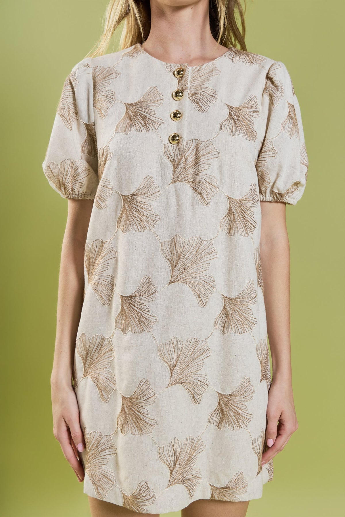 Ginkgo Embroidery Puff Sleeve Mini Dress
