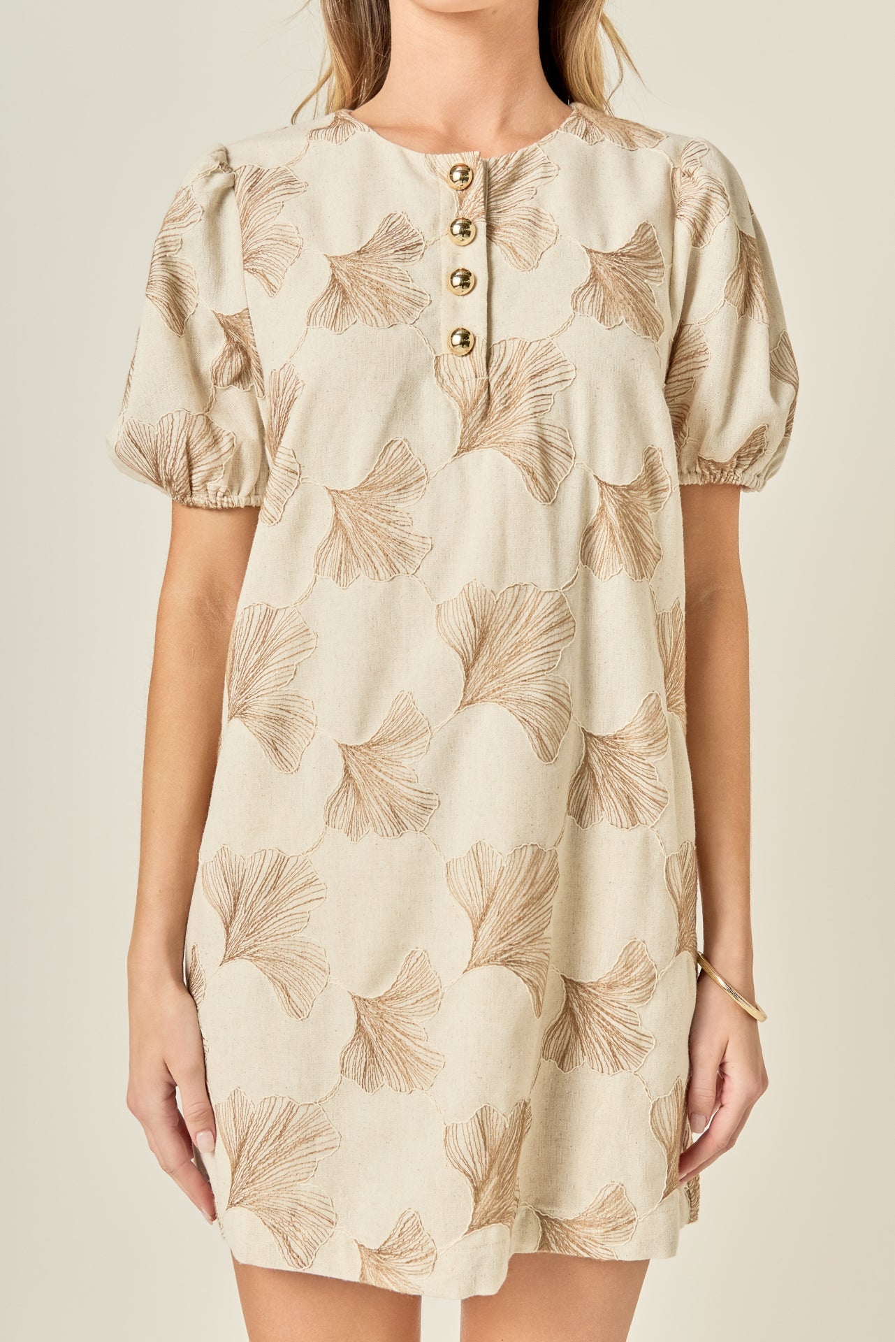 Ginkgo Embroidery Puff Sleeve Mini Dress