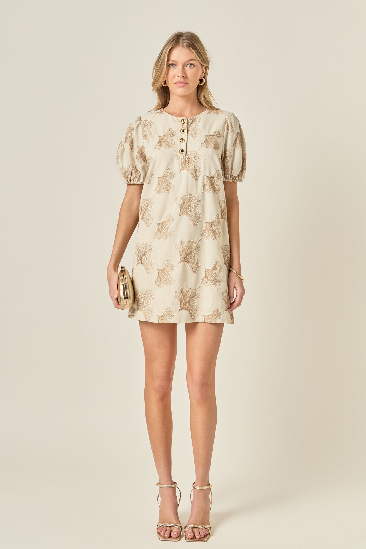 Ginkgo Embroidery Puff Sleeve Mini Dress