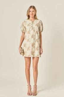 Ginkgo Embroidery Puff Sleeve Mini Dress