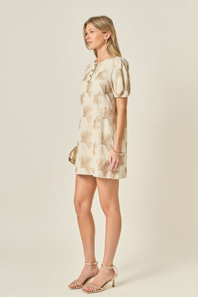 Ginkgo Embroidery Puff Sleeve Mini Dress