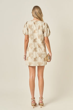 Ginkgo Embroidery Puff Sleeve Mini Dress