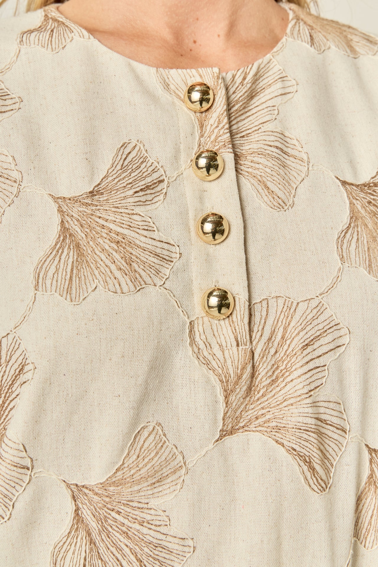 Ginkgo Embroidery Puff Sleeve Mini Dress