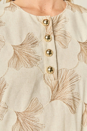 Ginkgo Embroidery Puff Sleeve Mini Dress