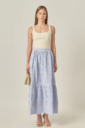 Embroidered Stripe Tiered Midi Skirt
