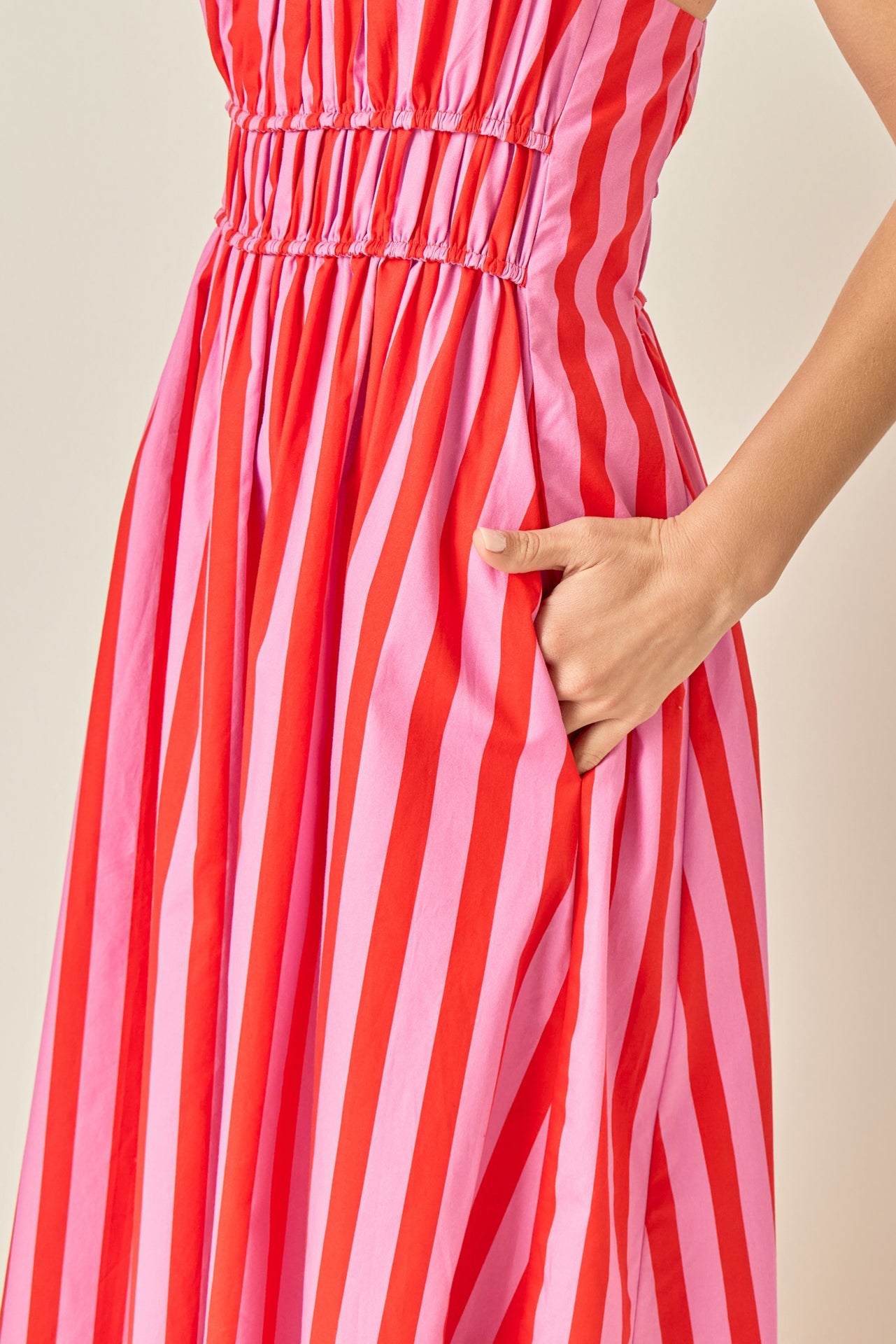 English Factory - Striped Smocked Waist Maxi Dress PINK/RED / M English Factory - Striped Smocked Waist Maxi Dress PINK/RED / M