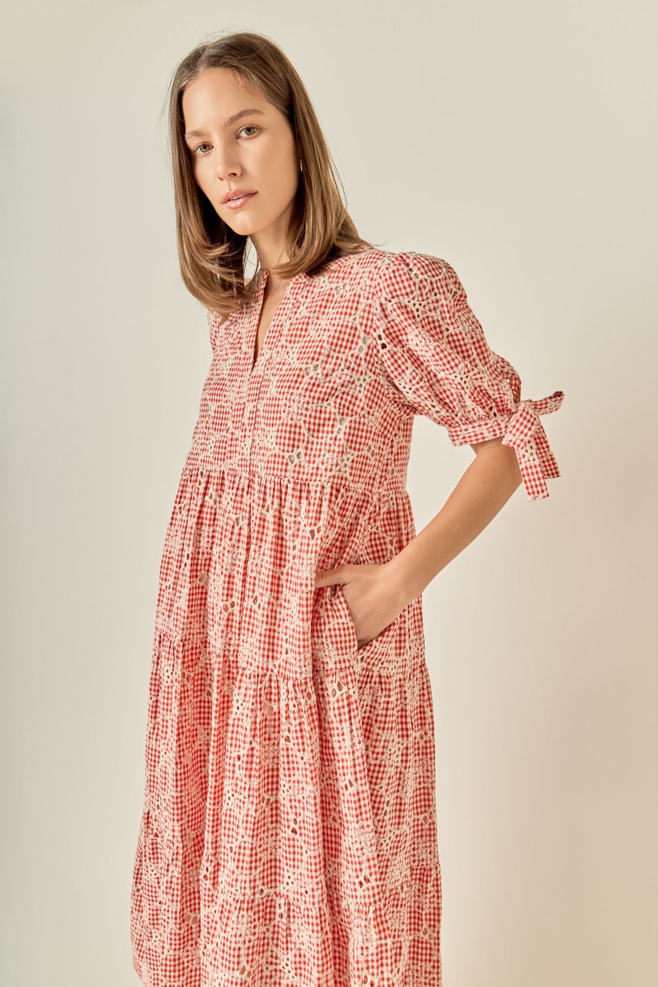 Embroidered Gingham Tiered Midi Dress