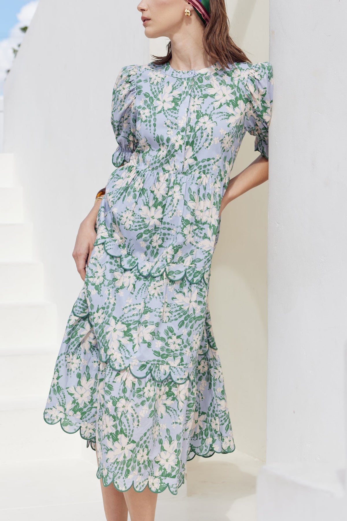 ENGLISH FACTORY - Floral Scallop Edge Puff Sleeve Midi Dress - DRESSES available at Objectrare