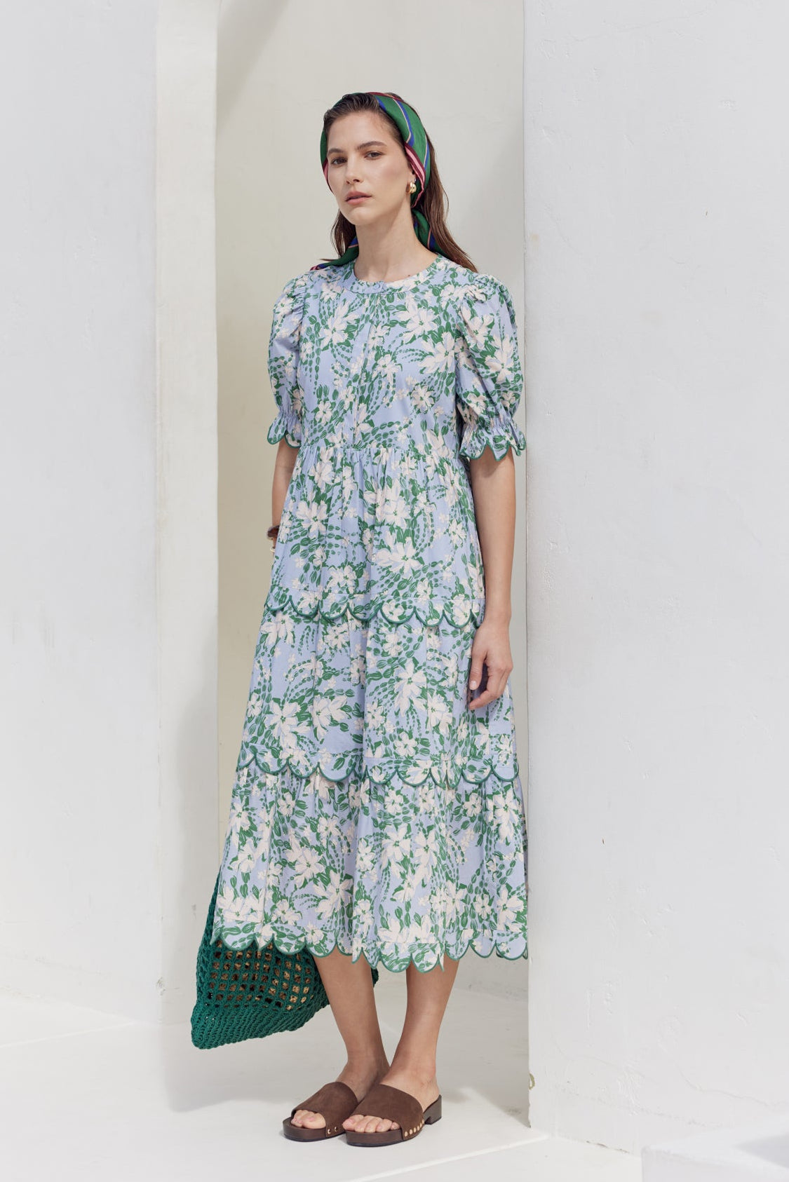 ENGLISH FACTORY - Floral Scallop Edge Puff Sleeve Midi Dress - DRESSES available at Objectrare