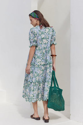ENGLISH FACTORY - Floral Scallop Edge Puff Sleeve Midi Dress - DRESSES available at Objectrare