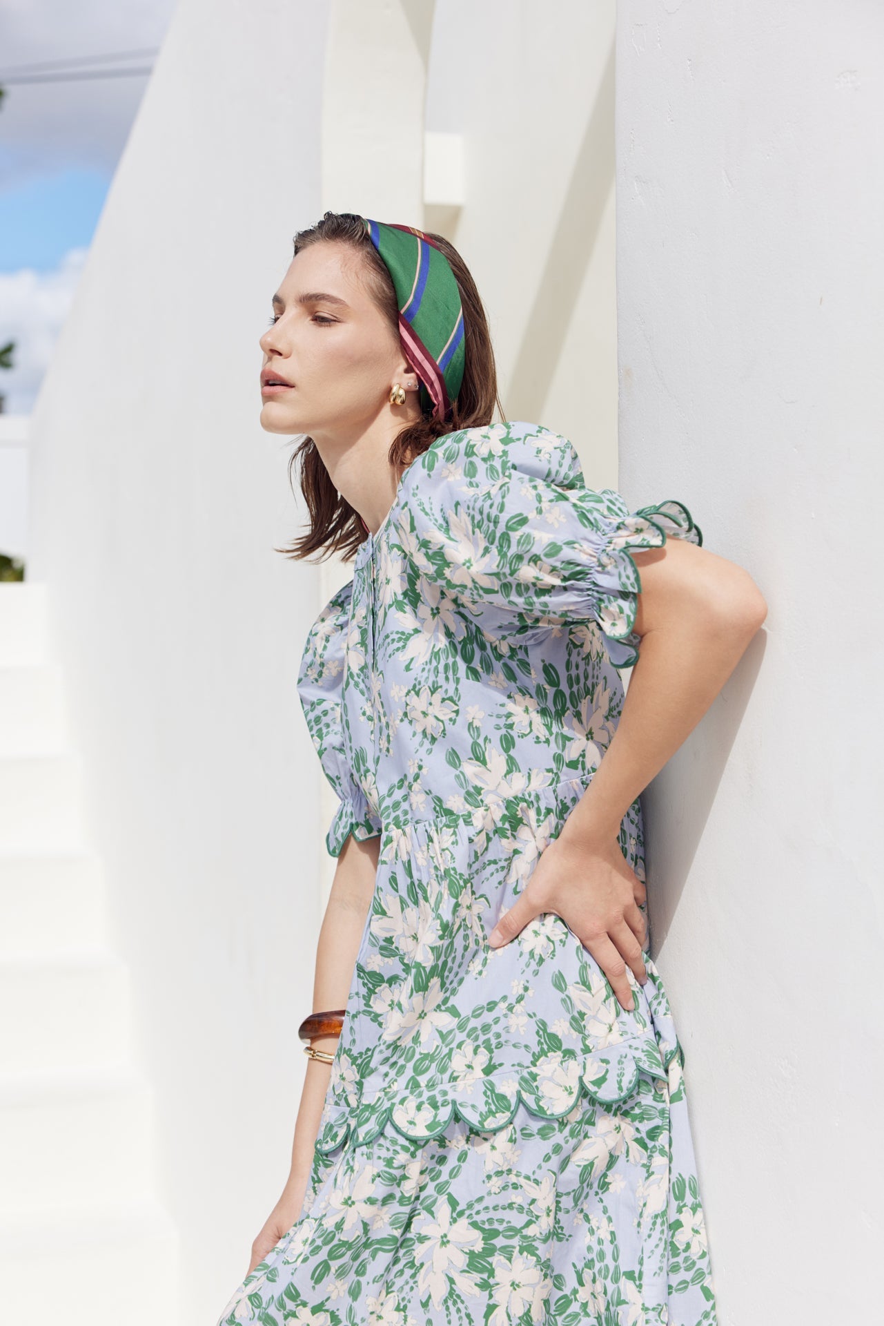 ENGLISH FACTORY - Floral Scallop Edge Puff Sleeve Midi Dress - DRESSES available at Objectrare