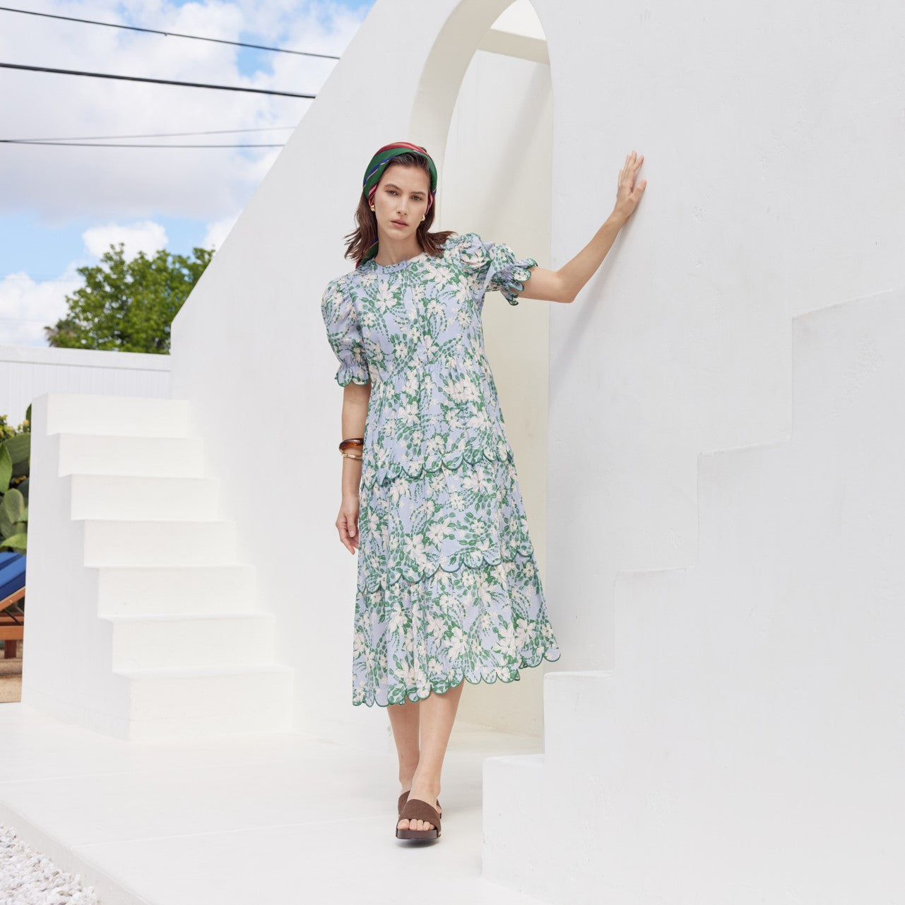 ENGLISH FACTORY - Floral Scallop Edge Puff Sleeve Midi Dress - DRESSES available at Objectrare