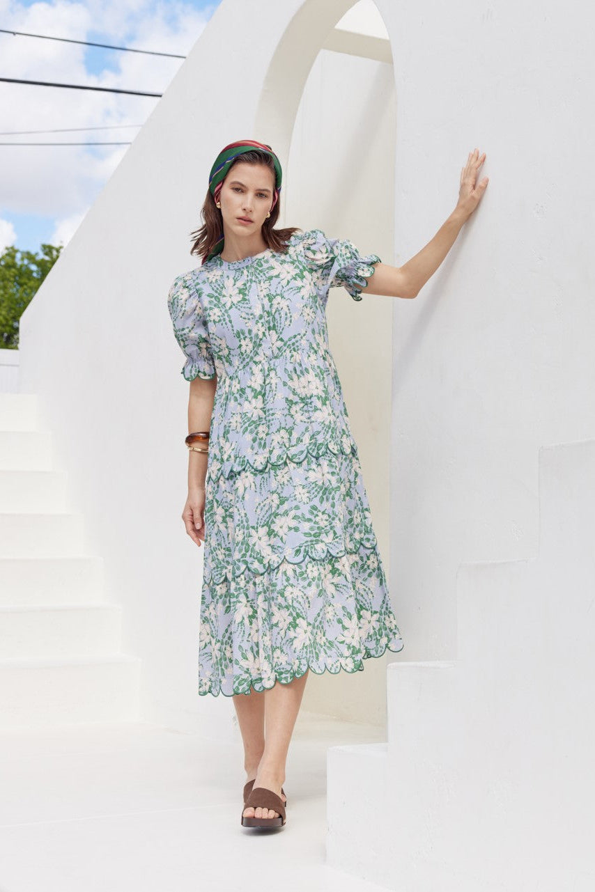ENGLISH FACTORY - Floral Scallop Edge Puff Sleeve Midi Dress - DRESSES available at Objectrare