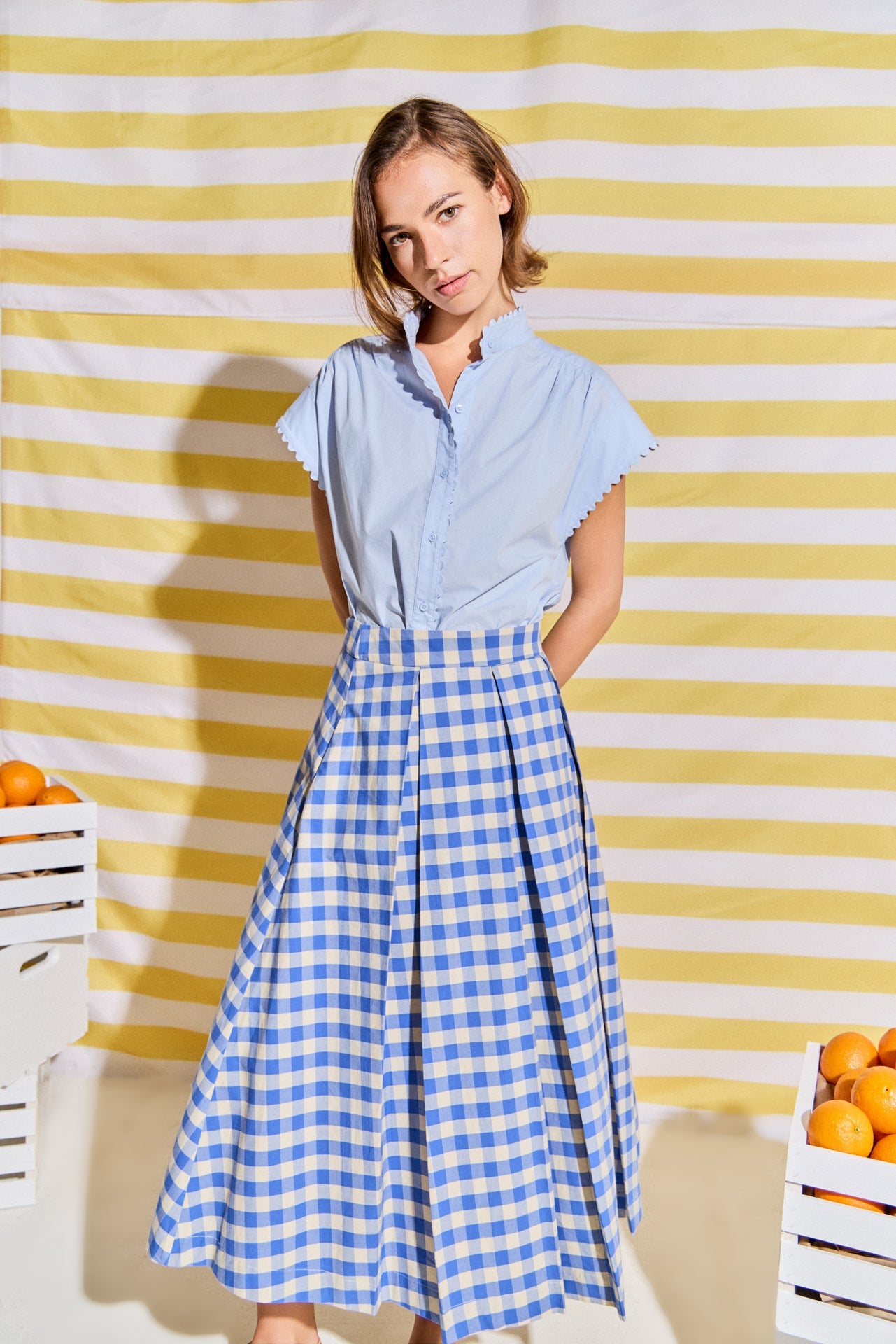 Linen Checked Pleated Midi Skirt