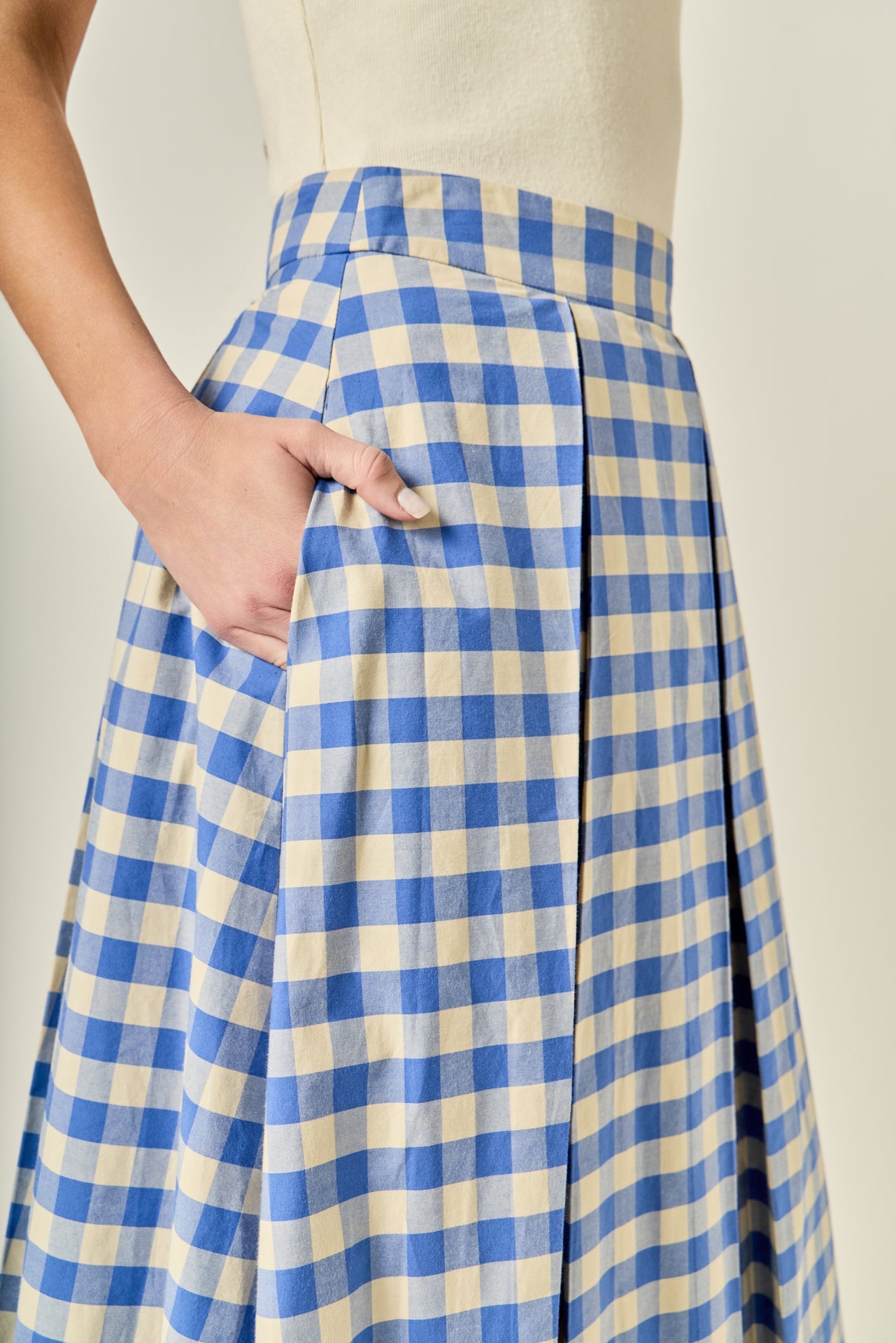 Linen Checked Pleated Midi Skirt