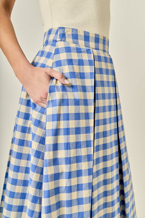 Linen Checked Pleated Midi Skirt
