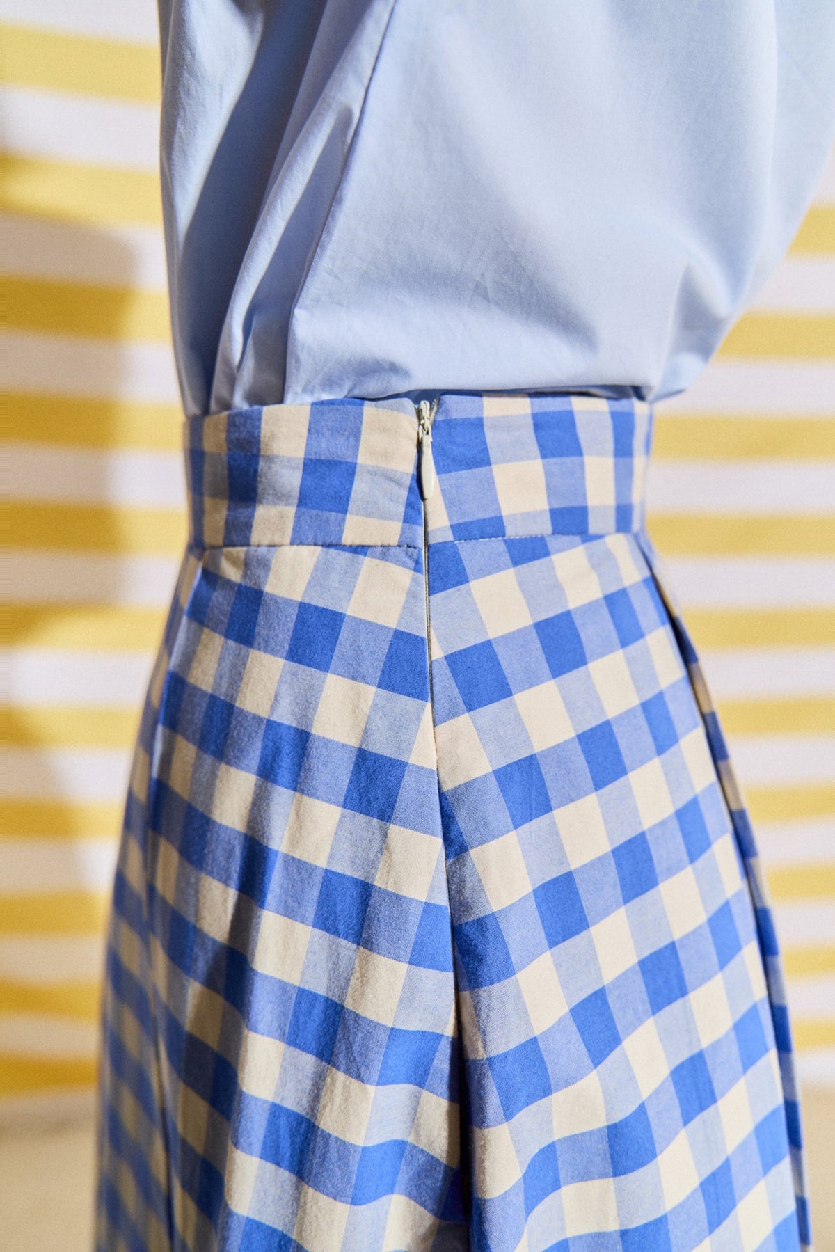 Linen Checked Pleated Midi Skirt