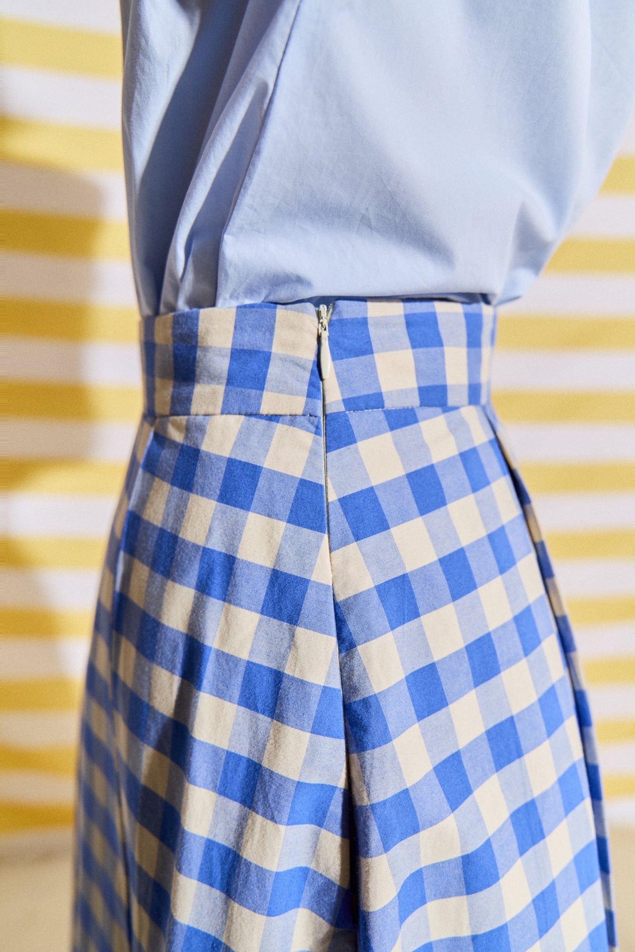 Linen Checked Pleated Midi Skirt