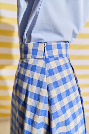 Linen Checked Pleated Midi Skirt