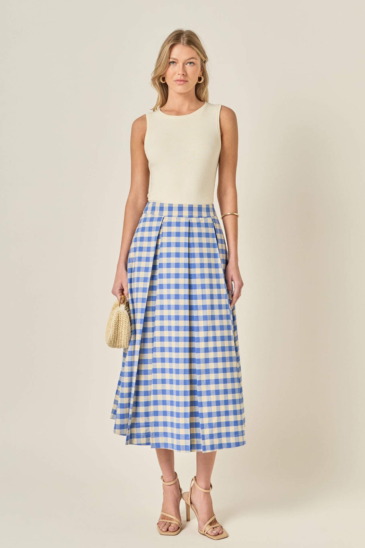 Linen Checked Pleated Midi Skirt