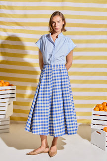Linen Checked Pleated Midi Skirt