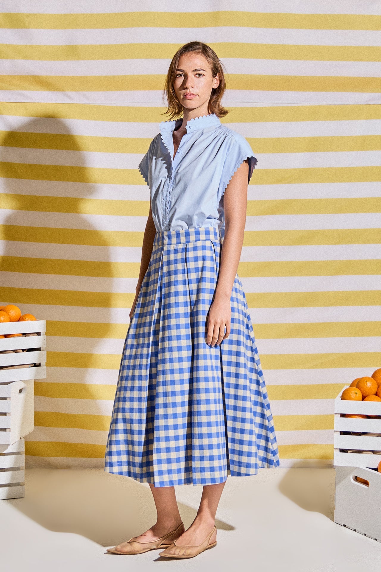 Linen Checked Pleated Midi Skirt