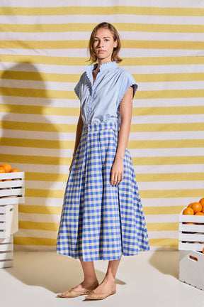 Linen Checked Pleated Midi Skirt