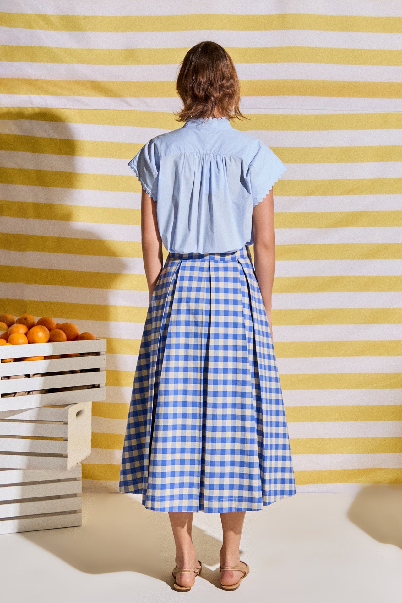Linen Checked Pleated Midi Skirt