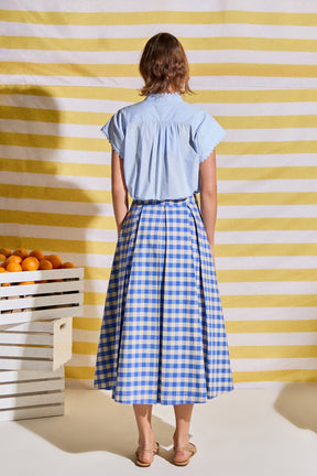 Linen Checked Pleated Midi Skirt
