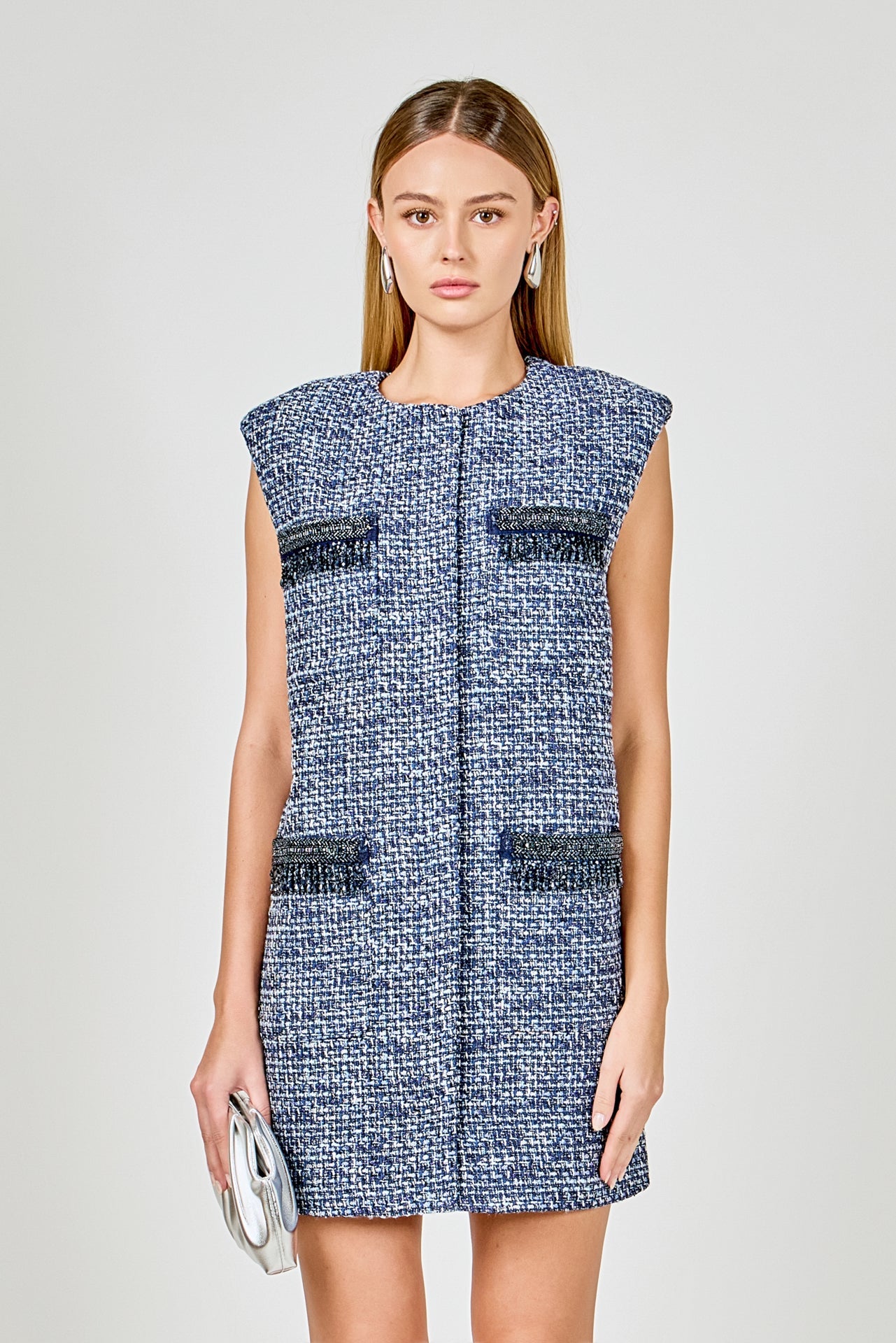 ENDLESS ROSE - Tweed Mini Dress with Metallic Fringe - DRESSES available at Objectrare