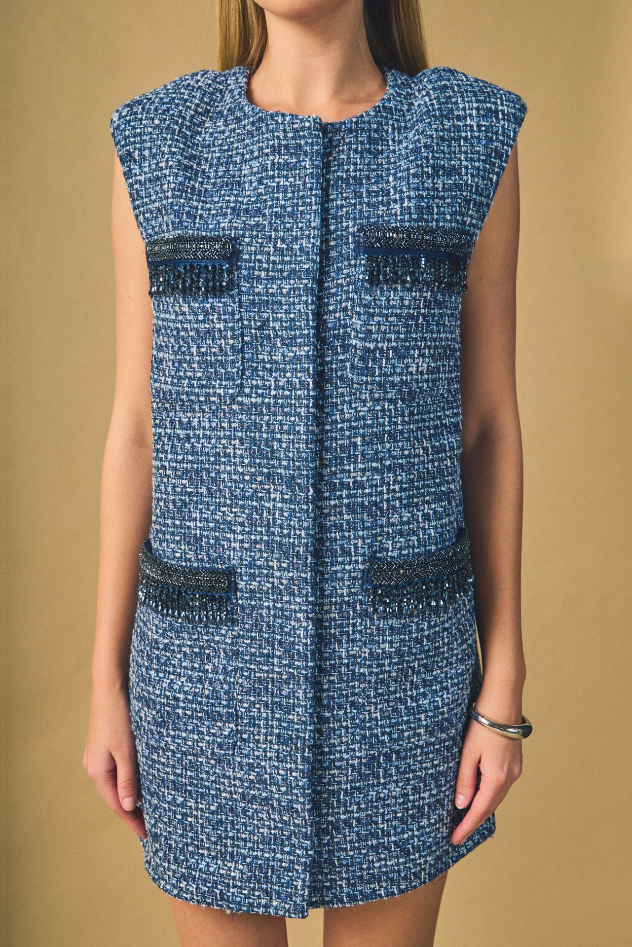 ENDLESS ROSE - Tweed Mini Dress with Metallic Fringe - DRESSES available at Objectrare