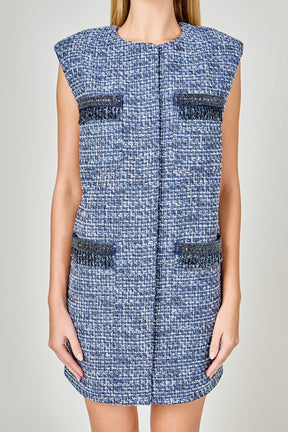 ENDLESS ROSE - Tweed Mini Dress with Metallic Fringe - DRESSES available at Objectrare