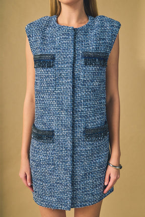 ENDLESS ROSE - Tweed Mini Dress with Metallic Fringe - DRESSES available at Objectrare