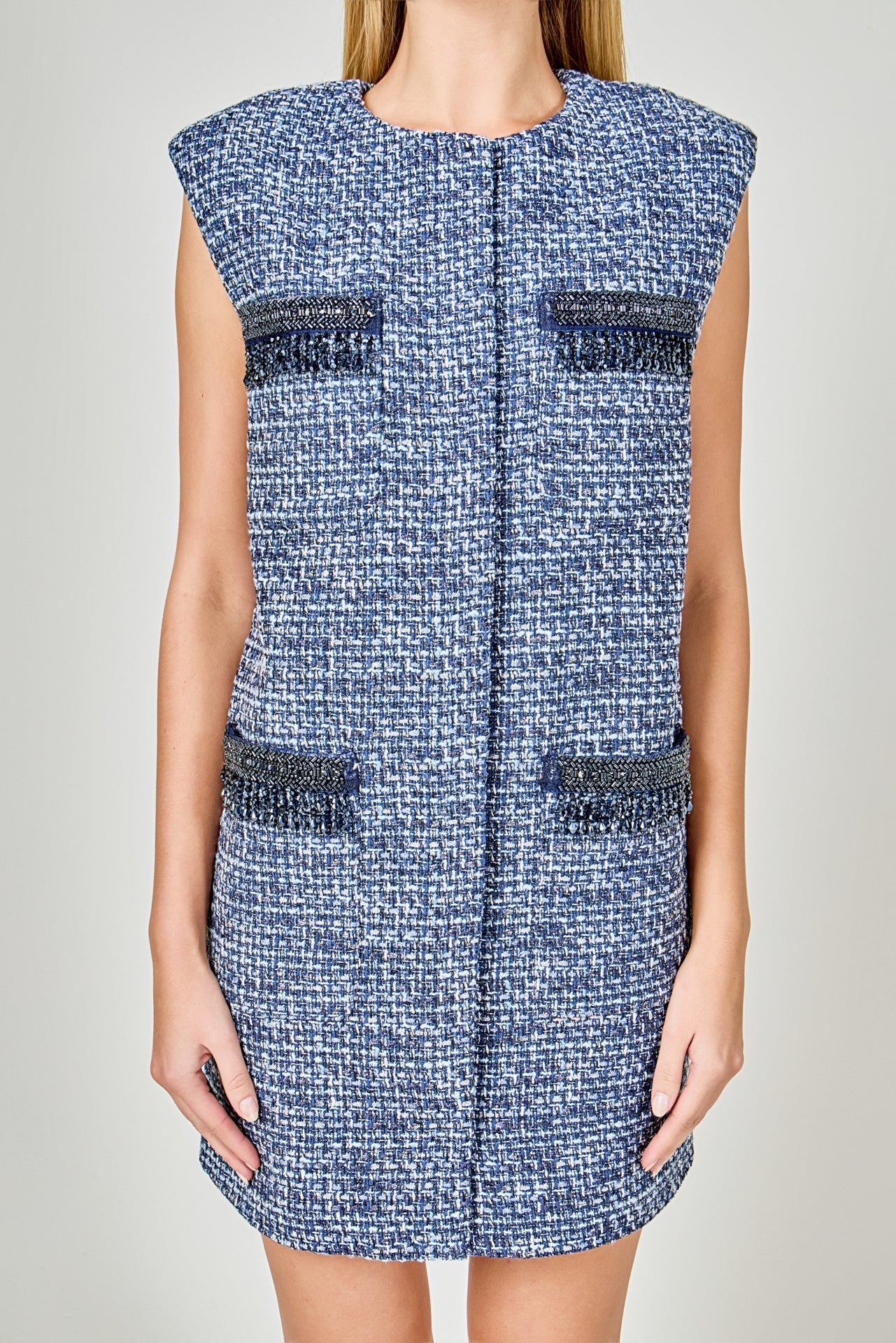 ENDLESS ROSE - Tweed Mini Dress with Metallic Fringe - DRESSES available at Objectrare