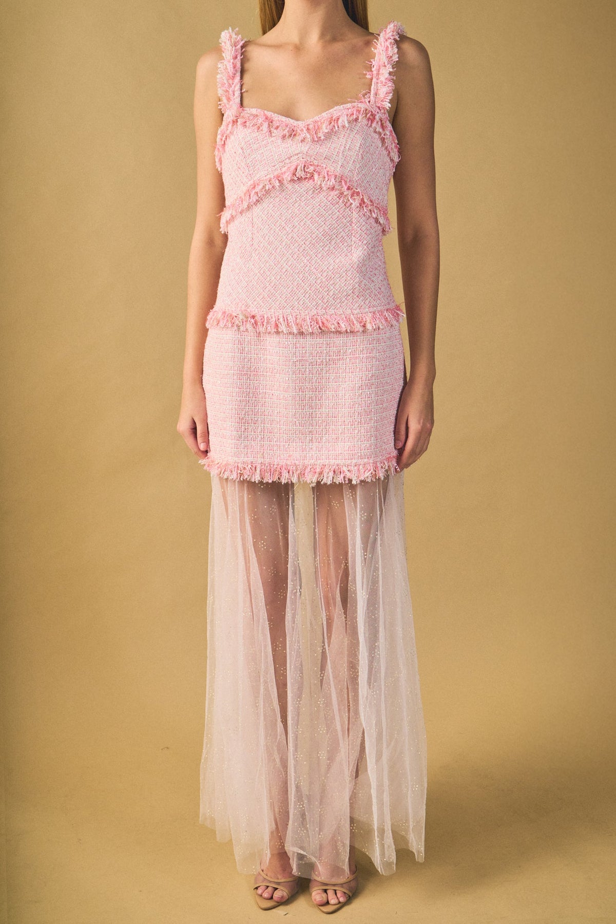 Tweed and Sheer Overlay Maxi Dress