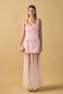 ENDLESS ROSE - Tweed and Sheer Overlay Maxi Dress - DRESSES available at Objectrare