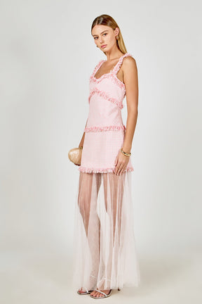 ENDLESS ROSE - Tweed and Sheer Overlay Maxi Dress - DRESSES available at Objectrare