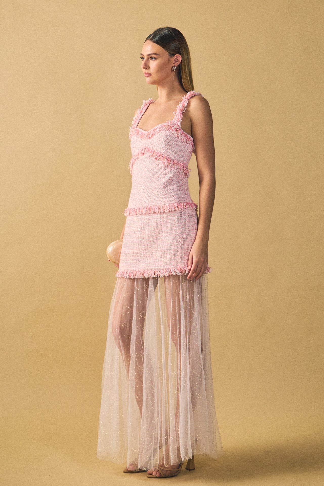 ENDLESS ROSE - Tweed and Sheer Overlay Maxi Dress - DRESSES available at Objectrare