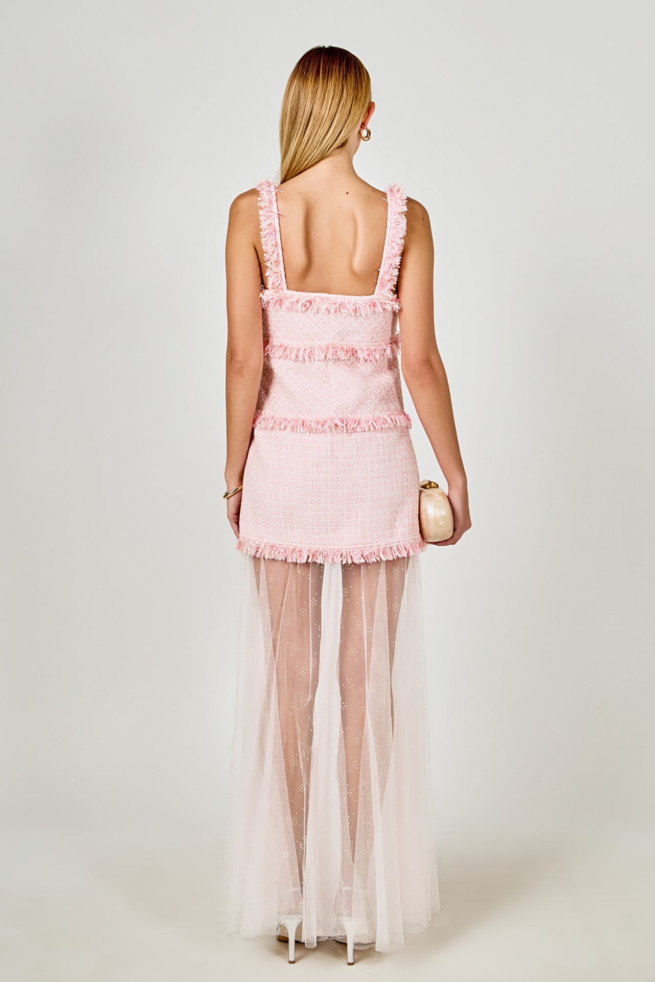 ENDLESS ROSE - Tweed and Sheer Overlay Maxi Dress - DRESSES available at Objectrare