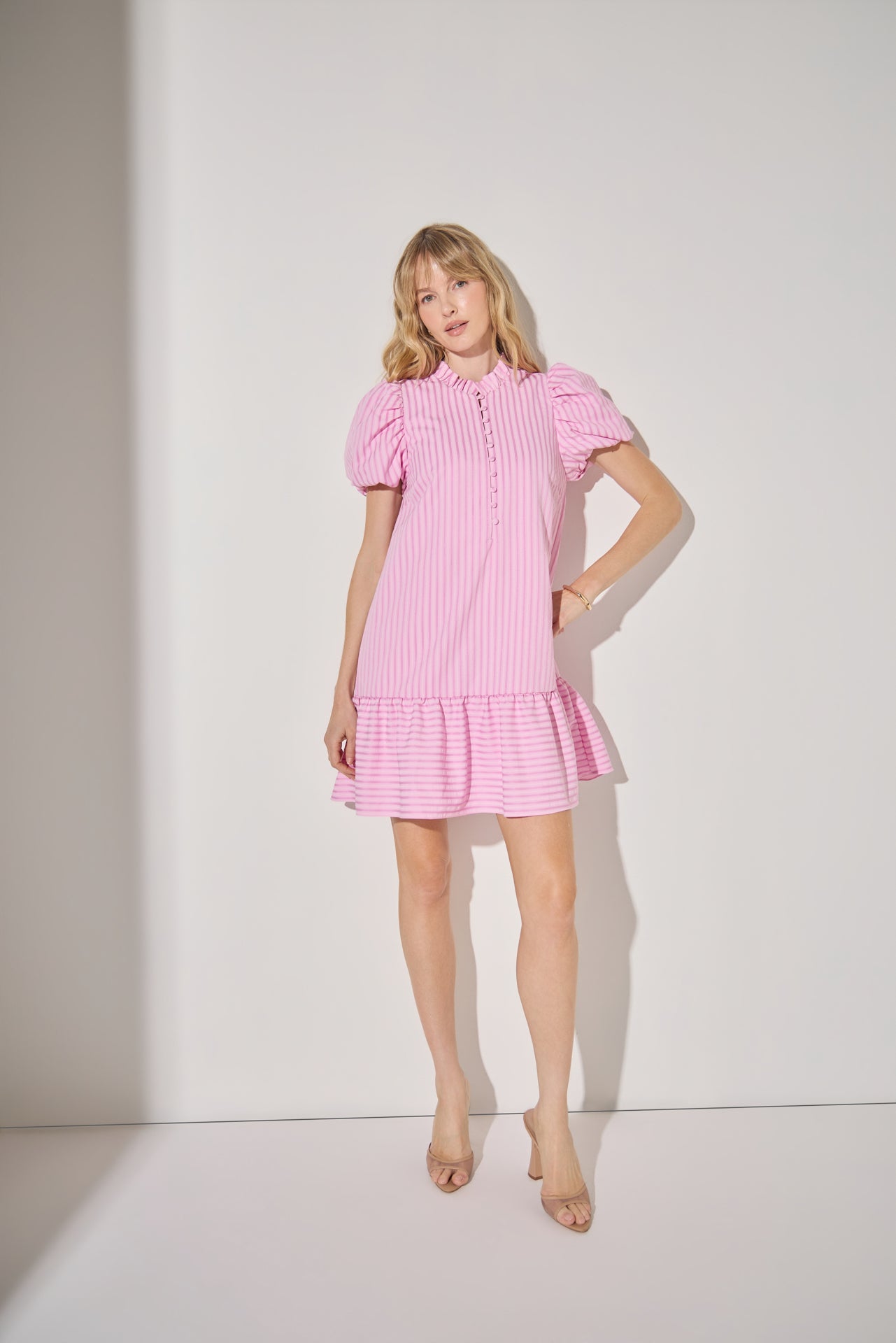 LA'VEN - Stripe Short Puff Sleeve Mini Dress - DRESSES available at Objectrare