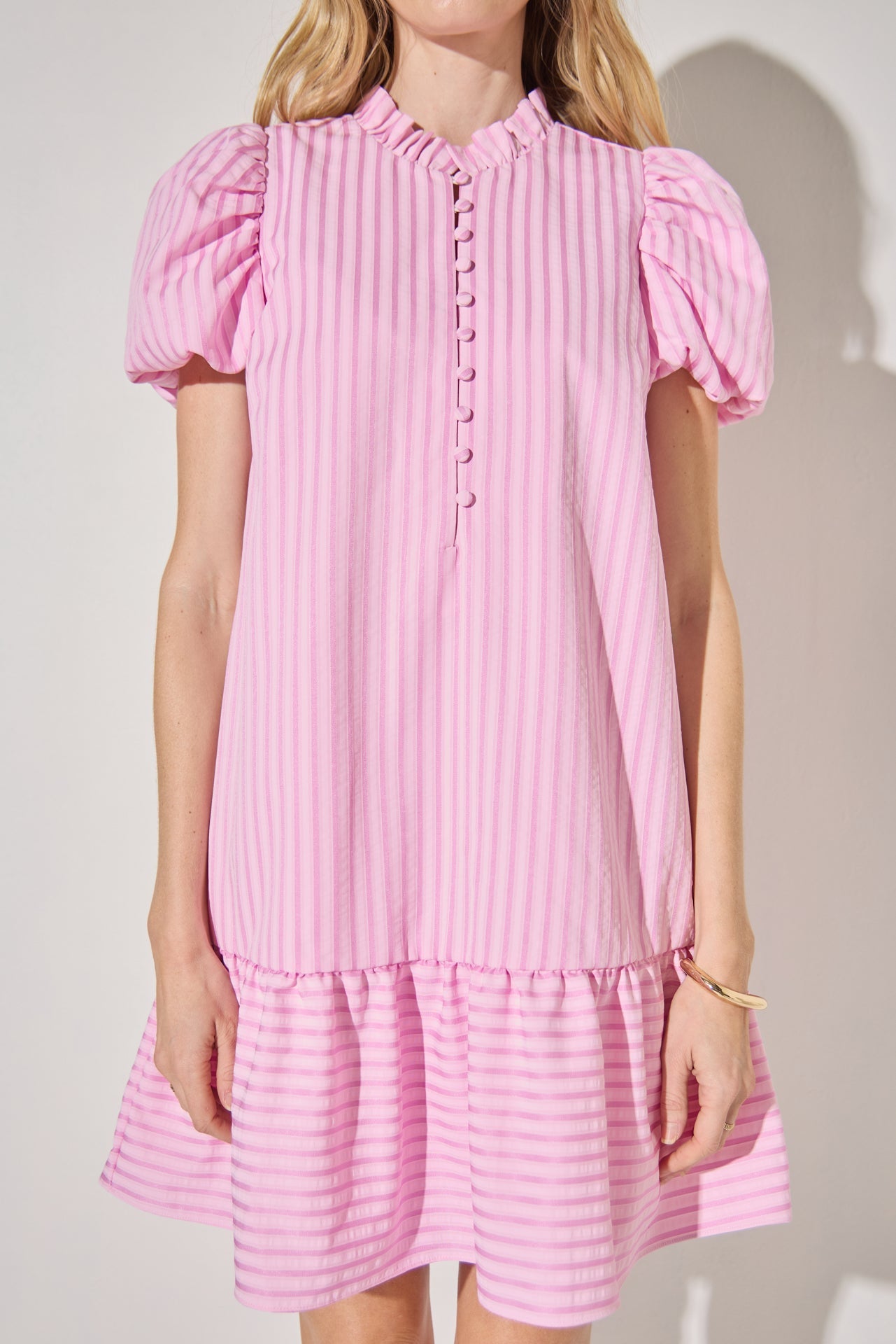 LA'VEN - Stripe Short Puff Sleeve Mini Dress - DRESSES available at Objectrare