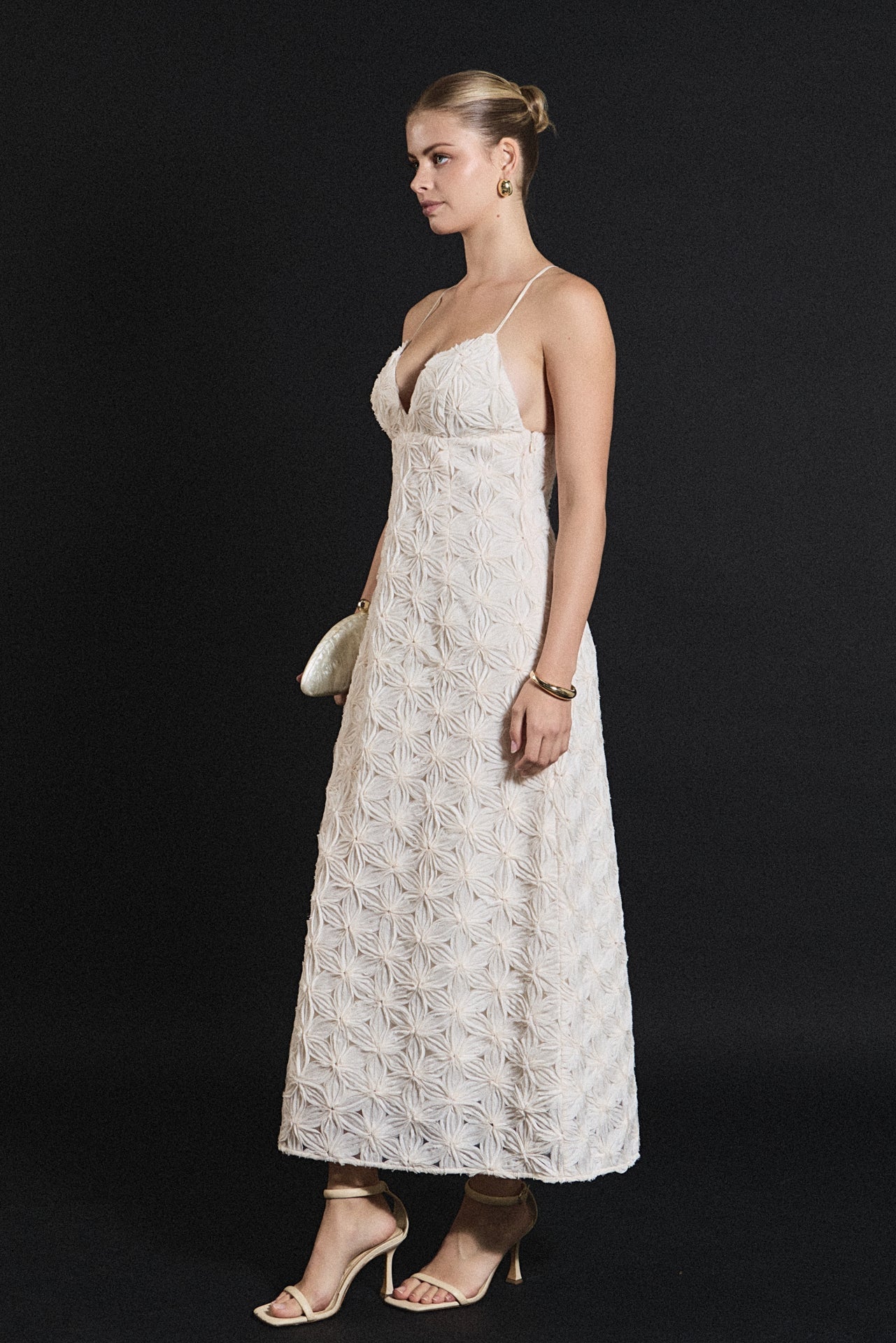 lace spaghetti strap midi dress Verna Lace Stripe Midi Dress White / 6