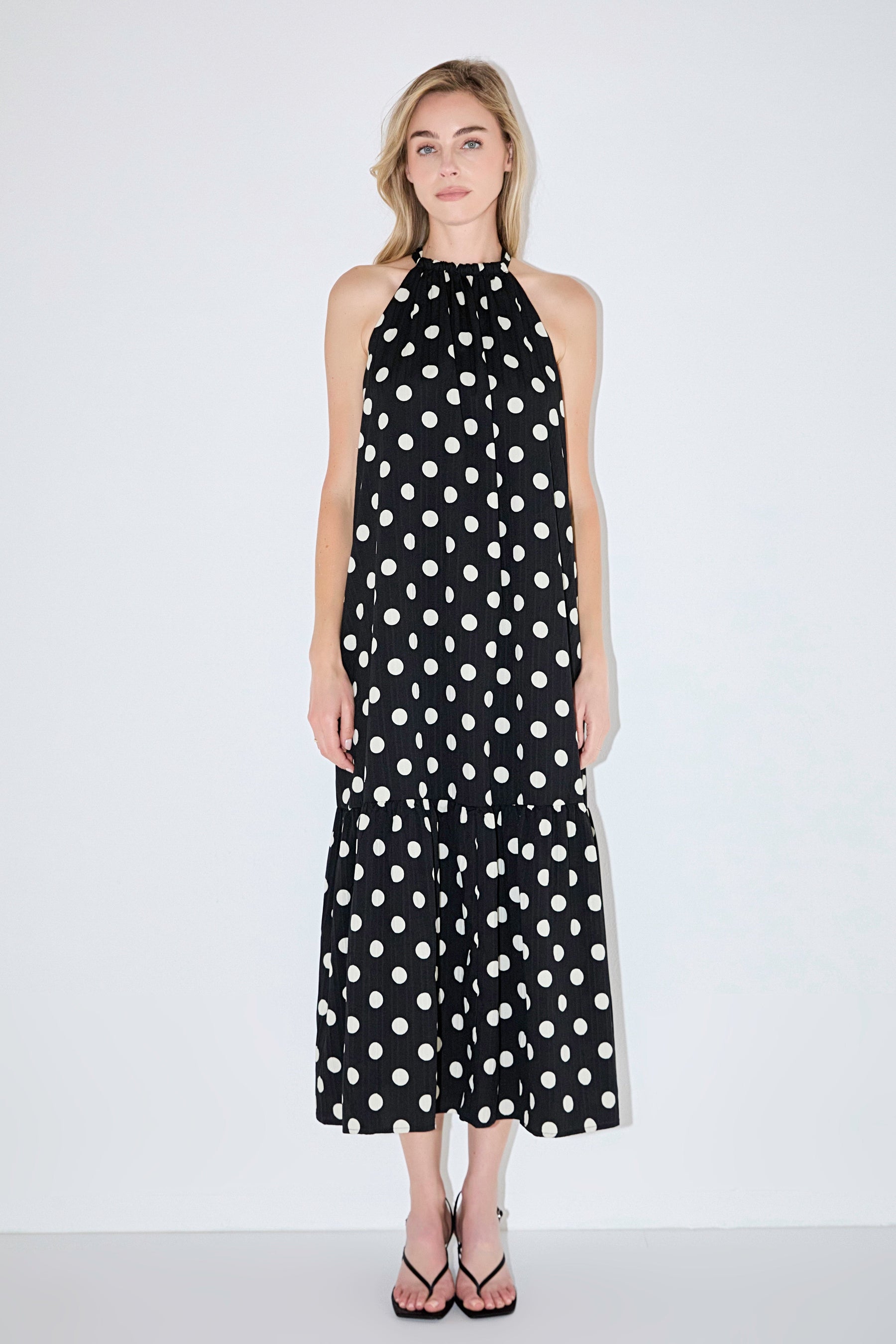 Halter Dot Printed Bow Tie Maxi Dress