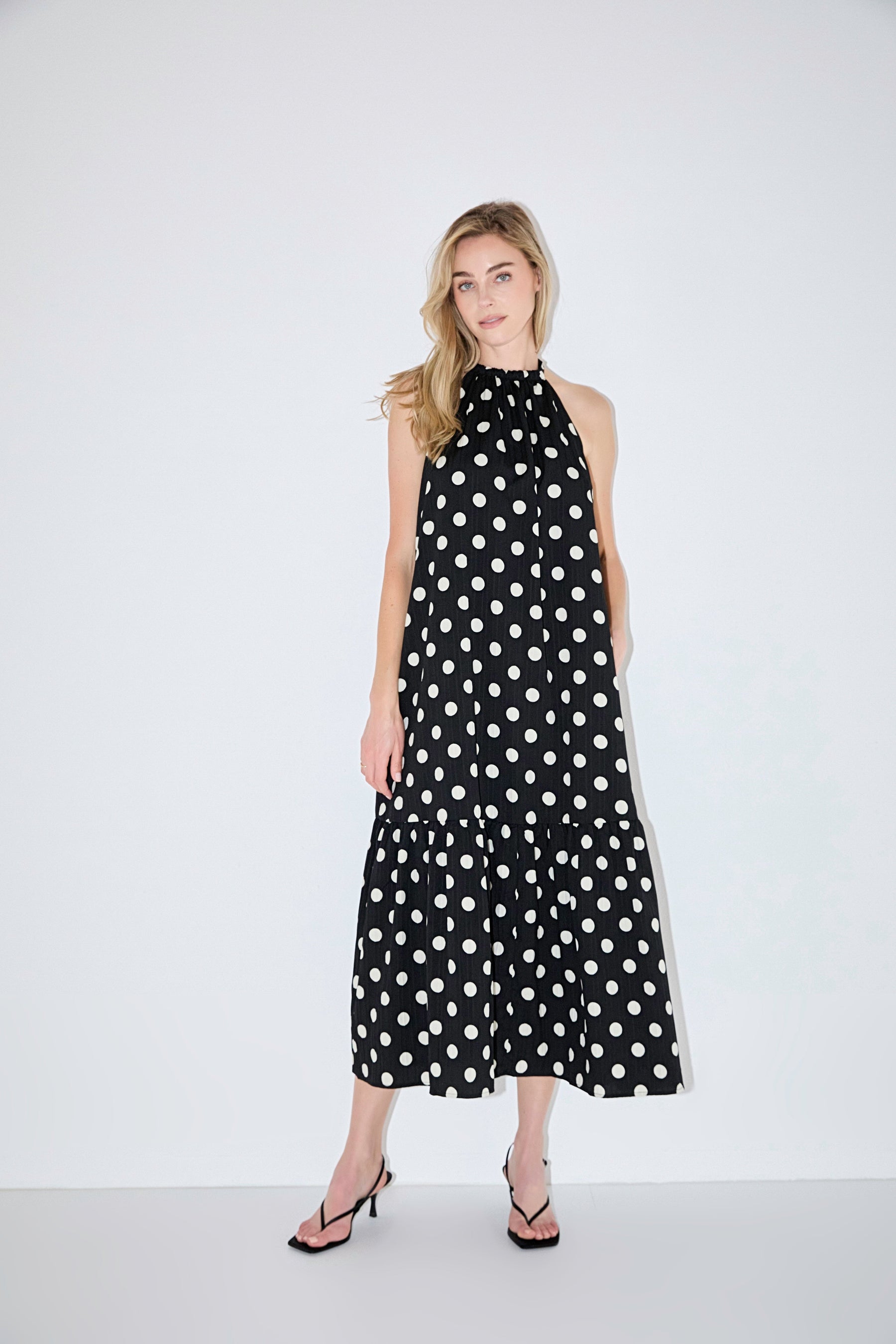 Halter Dot Printed Bow Tie Maxi Dress