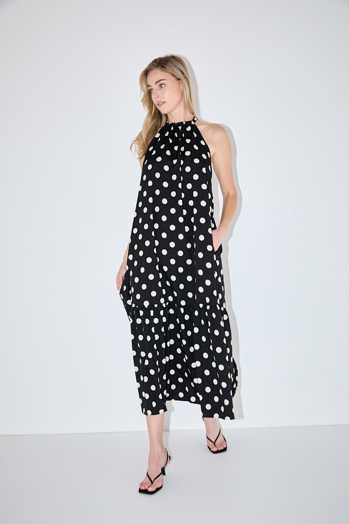 Halter Dot Printed Bow Tie Maxi Dress